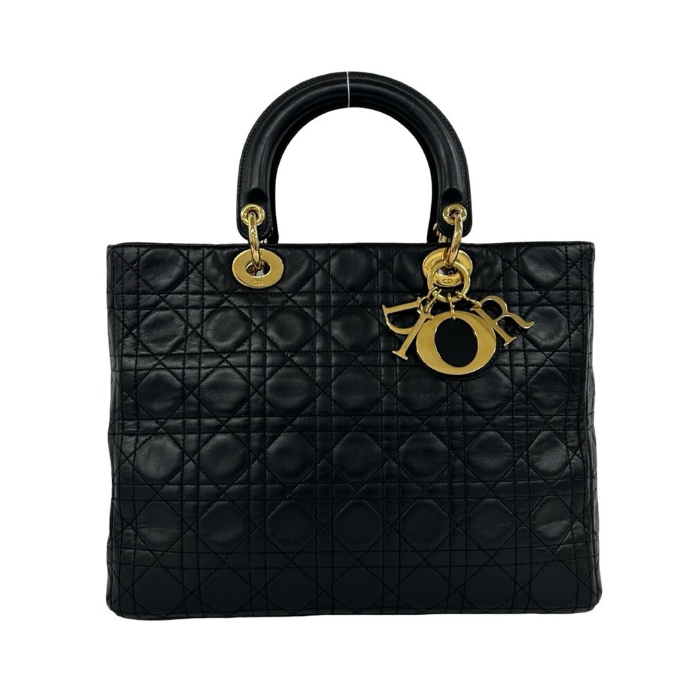 Christian Dior Lady Cannage Leather Handbag Tote Bag Black 25362